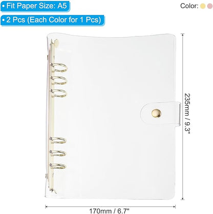 PATIKIL A5 Clear Binder Cover, 2Pcs Soft PVC Loose Leaf Binder Protector Refillable Notebook Shell with Snap Button Closure 6 Ring for DIY Meeting Notebook Folder,Gold Tone and Silver Tone