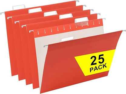 25 Packs Hanging File Folders,Orange File Folder Letter Size,Designed for Bulky Files,Filing Cabinet,1/5 Adjustable Tabs for Office,School,Home