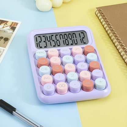 Desktop Mechanical Calculator, 12-Digit Large LCD Display Basic Standard Calculators with Cute Big Buttons, Desk Accessories, for Office Home School (Purple)
