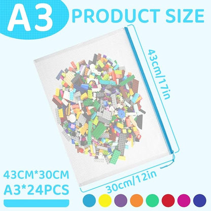24pcs Mesh Zipper Pouch Bags, Large A3 17x12 Inches Reusable Zipper Bags Puzzle Storage 8 Colors Multipurpose for Board Games Travel Office Supplies and Home Organization
