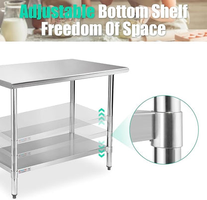 STABLEINK NSF Stainless Steel Table, 30 x 48 Inches Metal Prep & Work Table with Adjustable Undershelf, for Commercial Kitchen, Restaurant, Hotel and Garage