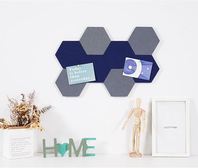 LAJAR 8 Pcs Hexagon Felt Bulletin Board Tiles, Self Adhesive Felt Pin Board Wall Tiles for Photos, Pictures, Memos (Navy Blue)