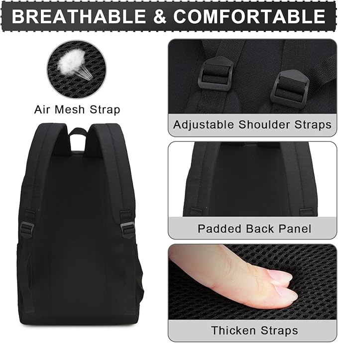 RAVUO School Backpack for Men Women, Water Resistant 15.6 inch Laptop Back Packs Bookbags College Daypack Black Bag with Side Pockets