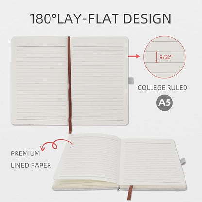 Lined Notebook Journal for Women Men 200 Pages A5 Hardcover Leather with Pen Holder College Ruled Journals for Work Note Taking Travel School (Lined, White-B)