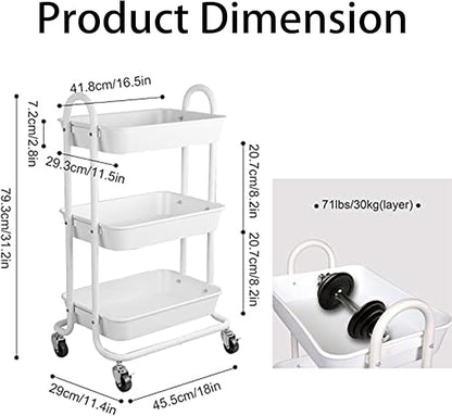 3-Tier White Utility Rolling Cart,Kitchen Storage Carts with Wheels,White Metal Rolling Cart for Office,Home,Kitchen,Garden（18"x11.4"x31.2"）