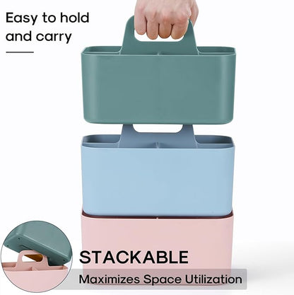 Multiuse Caddy Organizer with Handle - Stackable Plastic Tote Bin - Art Craft Supplies, Office, Desk, Stationery Pen Holder, Kitchen, Utensil, Makeup, Bathroom, Shower, Cleaning, Dorm Organizer - Cyan