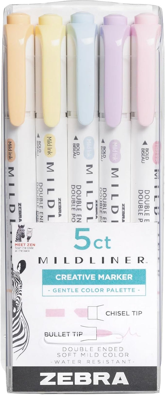 Zebra Pen Mildliner Double-Ended Highlighter Set, Chisel and Bullet Point Tips, No Bleed Bible Assorted Gentle Ink Colors, 5-Pack, Model Number: 78705