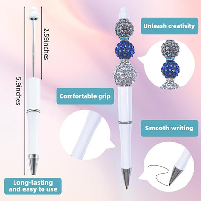 15 Pieces Beadable Pens - Beaded Pens Plastic Diy Black Ink Ballpoint Pens Bulk - Bead Pens Suitable For Teacher, Students, Office, School, Graduation Gift Supplies（White）