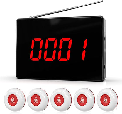 CallToU Wireless Calling System Caregiver Pager Call Button System with 5 Waterproof Call Buttons and 1 Number Receiver for Clinic Nurses Station Restaurant Nursing Home