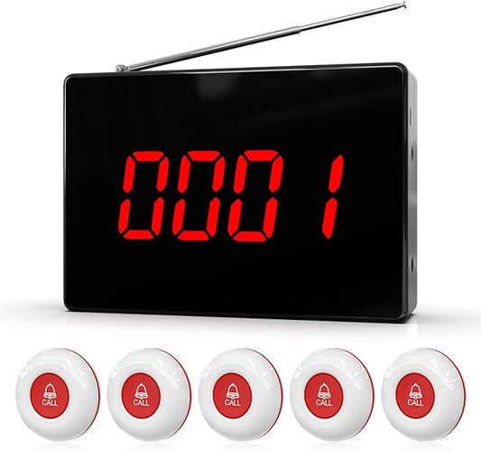 CallToU Wireless Calling System Caregiver Pager Call Button System with 5 Waterproof Call Buttons and 1 Number Receiver for Clinic Nurses Station Restaurant Nursing Home
