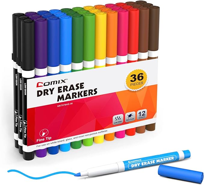 Comix Low Odor Dry Erase Markers, Fine Tip Whiteboard Markers, 36 Bulk 12 Assorted Colors Markers for Kids Teachers Office & School Supplies