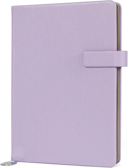 A5 Hard Cover Notebook with Pen Holder, Gold Edges & 180° Lay Flat - Large 5x8.25 Lined, Bookmark, Gift Box - Durable Journal for Office, Study, Travel - Writers, Students (Light Purple)