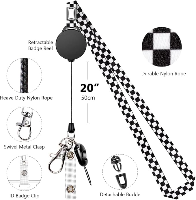 6 Pack Retractable Badge Lanyards and ID Badge Holder, Strap Lanyard with Swivel Metal Clasp for Badge Holders, Keychains, Offices, Staff, Students, Employees, Black White Chequer