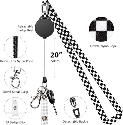 6 Pack Retractable Badge Lanyards and ID Badge Holder, Strap Lanyard with Swivel Metal Clasp for Badge Holders, Keychains, Offices, Staff, Students, Employees, Black White Chequer
