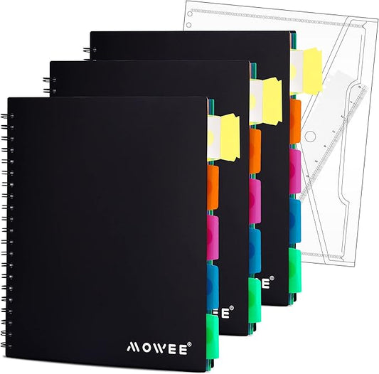 Spiral Notebook - 5 Subject Notebook, College Ruled Notebook With Dividers Pocket, Tabs Label (3PackBlack)