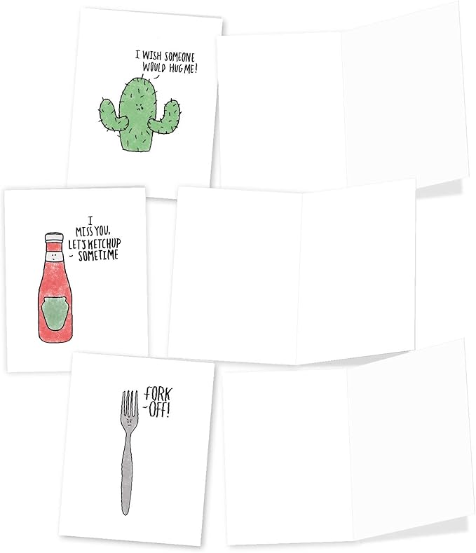 The Best Card Company - 10 Funny Assorted Blank Humor All Occasions Notecards Boxed Set 4 x 5.12 Inch w/Envelopes Cute Word Play for Men, Women (10 Designs, 1 Each) - Fun Puns M2975OCB
