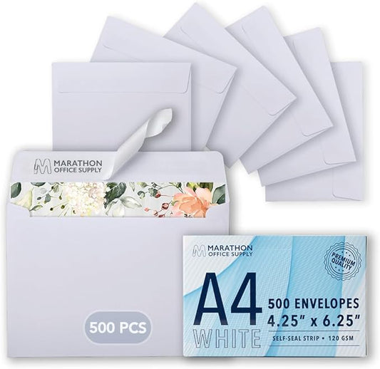 MOS A4 Invitation Envelopes – 4-1/4" x 6-1/4" White Mailing Envelopes Self Seal (500 Count) – 120GSM/ 32LB Bond Heavy Duty – For Greeting Cards, Card Making, RSVP Cards, Wedding Invites