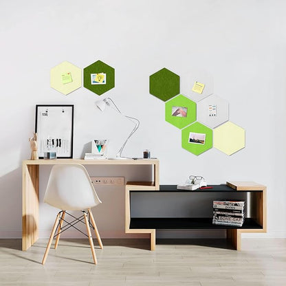 12" Large Bulletin Board with 30 Push Pins, Pack of 8 Hexagon Felt Pin Board Notice Boards for Home Office Kitchen, Felt Wall Tiles for Photos Memos (White Green)