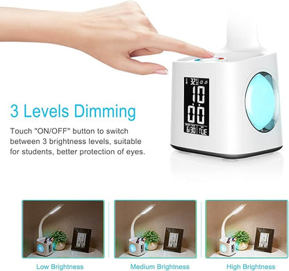 LED Desk Lamp with Clock,Color Changing Nightlight,Study Lamp with Pen Holder,Desk Light with USB Charger,Table Light for Home,Office,Bedroom,Gift for Kids,Students,Women,White