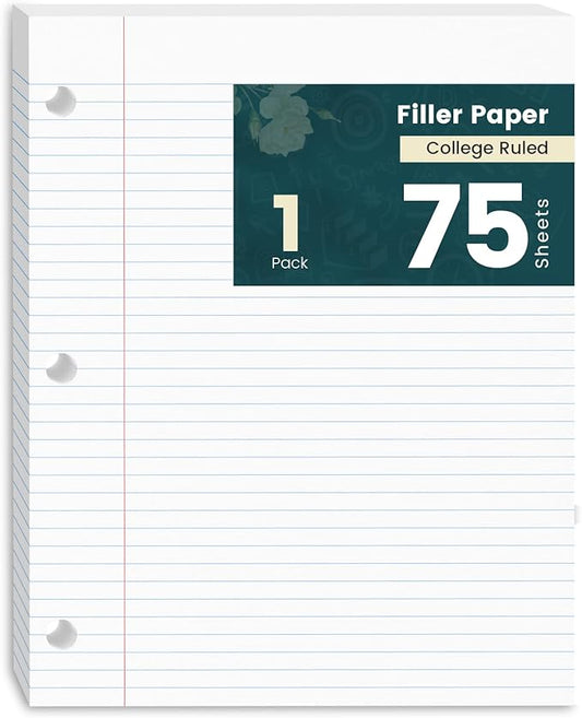 Loose Leaf Paper, 75 Sheets Notebook Lined Paper, 8 x 10.5 College Ruled Filler Paper, 3-Hole Punched Binder Paper for 3-Ring Binders, Double-Side Printed Note Pads for Home, Office, School, 1 Pack