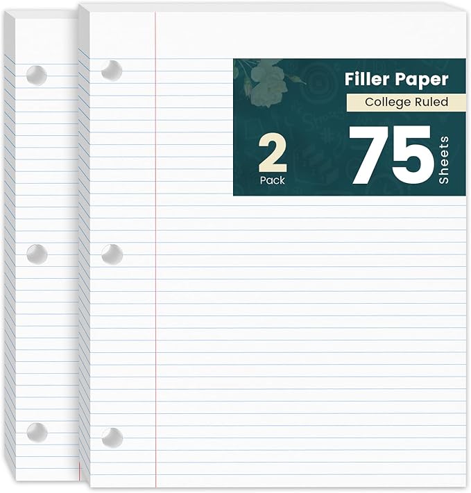 Notebook Paper 8 x 10.5 Inch, 2 Pack Loose Leaf Paper, Loose Leaf Paper College Ruled, Double-Sided Printing Lined Paper Notepad, 3-Ring Binders, 75 Sheets Per Pad, Filler Paper for Taking Notes