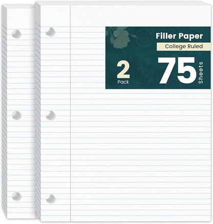 Notebook Paper 8 x 10.5 Inch, 2 Pack Loose Leaf Paper, Loose Leaf Paper College Ruled, Double-Sided Printing Lined Paper Notepad, 3-Ring Binders, 75 Sheets Per Pad, Filler Paper for Taking Notes