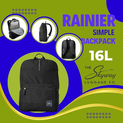 Skyway Luggage Rainier Simple Backpack, Eco-Friendly, Made of 100% rPET Travel Laptop Bag for Women & Men, Flight Approved Carry On Backpack, 16L, Crater Black