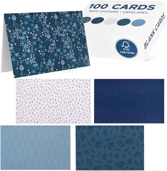 VNS Creations 100 Pack Blank Cards and Envelopes 4x6 - Bulk Blank Greeting Cards with Envelopes & Stickers Inside for All Occasions, Cute Colored Notecards Stationery Set, Assorted Colors Note - Navy