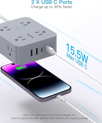 Extension Cord 6 Feet, Surge Protector Power Strip with 2 USB C Ports, 8 Outlets Extender with Flat Plug, Multi Plug Oulet for College Dorm Room Essentials