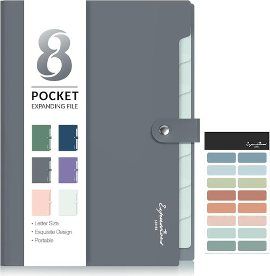 Sooez Elegant Accordion File Organizer with Labels, 8 Pocket Expanding File Folder, Portable Folders for Documents, Cute Paper Organizer for School Office Supplies, Letter Size, Grey