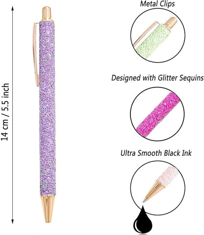 9 Pcs Fancy Pens for Women Glitter Colorful Ballpoint Pens Metal Retractable Pens Black Ink Medium Point 1.0 mm Pretty Cute Sequins Pens Journaling Pens for Women Girls (Fresh style)