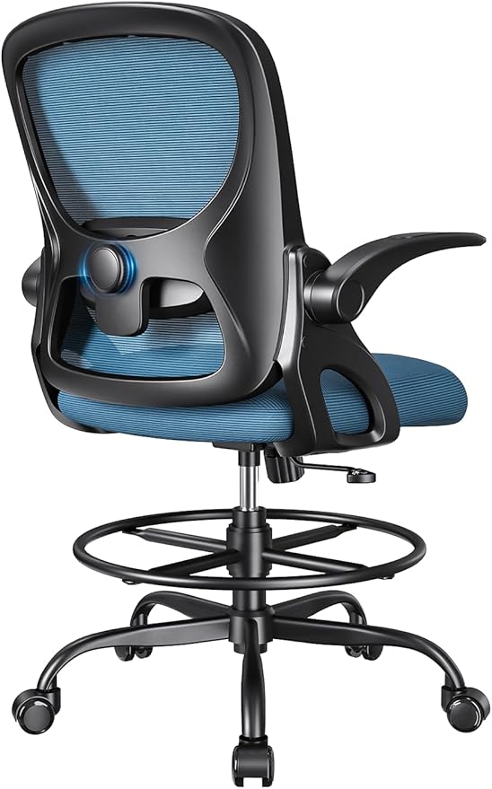 Drafting Chair Tall Office Chair with Flip-up Armrests Ergonomic Computer Standing Desk Chair with Comfy Lumbar Support and Adjustable Footrest Ring for Bar Height Desk(Black-Blue)