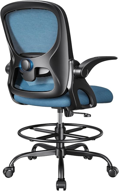 Drafting Chair Tall Office Chair with Flip-up Armrests Ergonomic Computer Standing Desk Chair with Comfy Lumbar Support and Adjustable Footrest Ring for Bar Height Desk(Black-Blue)