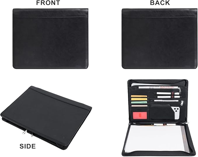 AZXCG Resume Portfolio,Zippered Padfolio Document Holder Business Folder Organizer, Faux Leather Matte Finish -Black (Customize)