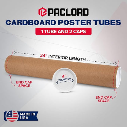 4" x 24" Reinforced Kraft Paper Mailing Tube, Pack of 1 Tube with 2 Caps – Secure USPS Approved Poster Tube – Cardboard Tube for Shipping and Storing Posters, Prints, Artwork, or Documents