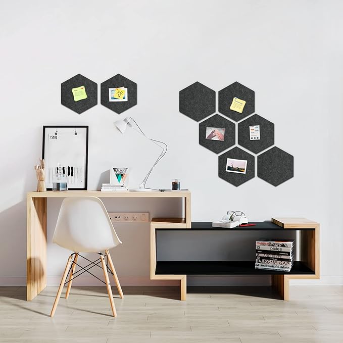 12" Large Bulletin Board with 30 Push Pins, Pack of 8 Hexagon Felt Pin Board Notice Boards for Home Office Kitchen, Felt Wall Tiles for Photos Memos