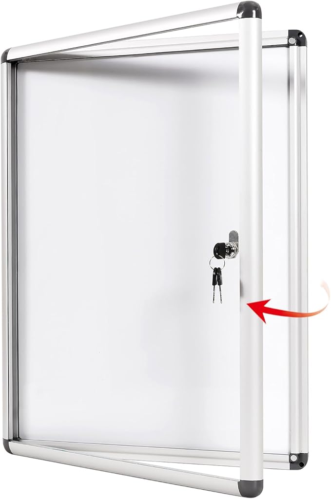 SWANCROWN Enclosed Bulletin Board Magnetic Dry Erase Noticeboard Lockable Display Boards White with Aluminium Frame 26x20inch(4xA4)