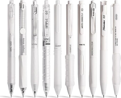 10 Count Pastel Gel Ink Pen Set,Cute Note Taking 0.5mm Fine Point Retractable 10 Count Black Ink Pens with for Writing, Journaling, School, Office (White)