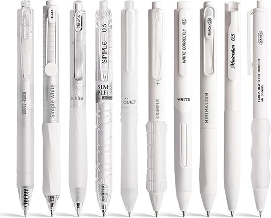 10 Count Pastel Gel Ink Pen Set,Cute Note Taking 0.5mm Fine Point Retractable 10 Count Black Ink Pens with for Writing, Journaling, School, Office (White)