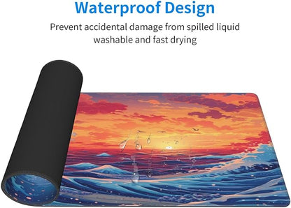 Gaming Mouse Pad Desk Pad,Extended Big Mouse Pad,31.5x11.8 Inch Long Computer Keyboard Mouse Mat Mousepad with 3mm Non-Slip Base and Stitched Edge for Gaming and Office… (Sunset Wave)