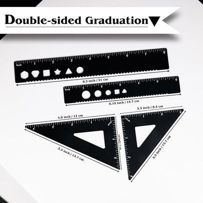 5 Pcs Metal Geometry Set, Math Drafting Ruler Kit- Aluminum Triangle Rulers, Protractor, 8 Inch and 6 Inch Drawing Ruler, Measuring Tool for School and Office (Metric and Imperial, Black)