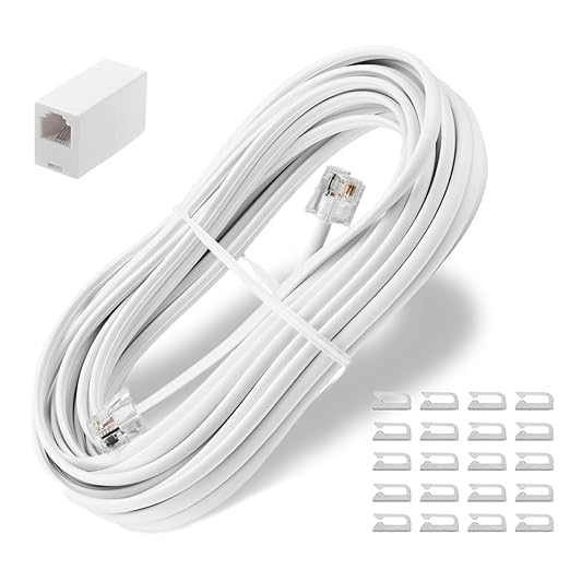 Uvital 15 Feet Phone Extension Cord, RJ11 Phone Cable, White Phone Line Cord - Landline Telephone Wire with Phone Coupler and 20pcs Cable Clips for Modem|Fax Machine|Router