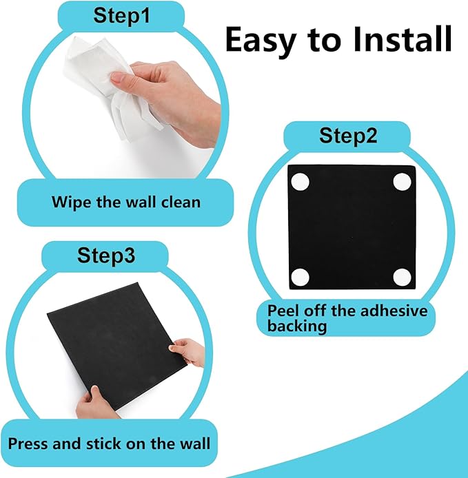 YOUEON 12 Pcs Black Felt Bulletin Board for Wall 12" x 12", Black Cork Board Alternative with Pushpins & Self Adhesive Stickers, Soundproof Wall Tiles, Pin Boards for Home Office School