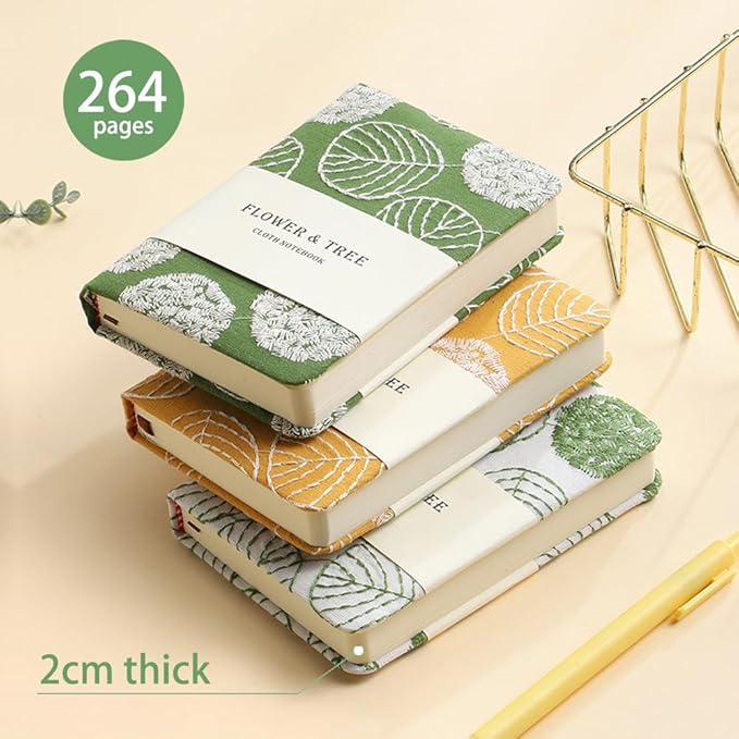 Embroidered Mini Notebook for Girl, Small Fabric Hardcover Journal, A6, 264 Pages, 4x6 Lined Notebook & unlined Sketchbook, Cute Diary, Pocket Notepad Kids Journal, Green Leaf.
