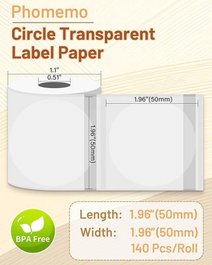 Phomemo Transparent Thermal Labels for M110/M220/M221/M120/M250 Label Maker,1.96"x1.96"(50x50mm),140 Labels/Roll, Multi-Purpose Self-Adhesive Phomemo Original Labels for Barcode/Logo/Business/Home Tag