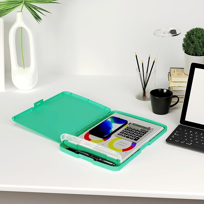 Piasoenc Clipboard with Storage, 8.5 x 11 Organization Box with Pen Holder and A4 Legal Paper Folder, Heavy Duty Plastic, Folio & Side-Opening, Low Profile Clip for Nurses, Teachers, Green