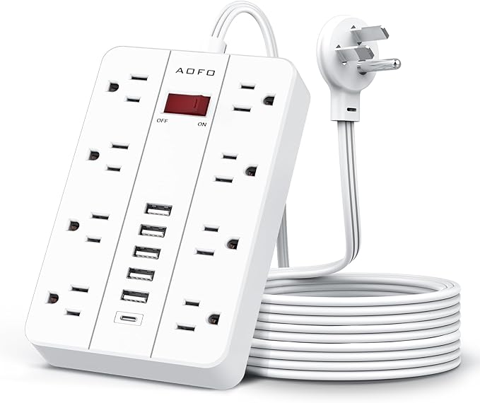 10ft Extension Cord Long Power Strip,AOFO 8 Widely-Spaced Outlets & 6 USB Ports Flat Plug Power Strip,Power Cord for Wall Mountable and Desktop White