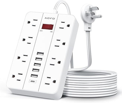 10ft Extension Cord Long Power Strip,AOFO 8 Widely-Spaced Outlets & 6 USB Ports Flat Plug Power Strip,Power Cord for Wall Mountable and Desktop White