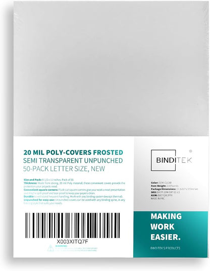 Binditek 50 Pack 20 Mil Frosted Polycover, Semi-Transparent Binding Presentation Covers, 8-1/2 x 11 Inches, Lightly Textured Sand Finish, Square Corners, Un-Punched Binding Front and Back Covers