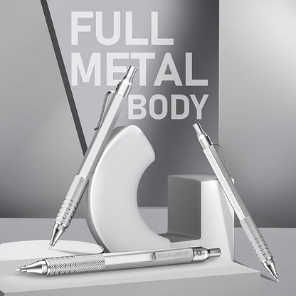 Four Candies 0.7mm Mechanical Pencil Set with Case, 3PCS Metal Artist Lead Pencil with 8 Tubes (480PCS) HB Lead Refills, 3 Erasers, 9 Eraser Refills For Engineer Art Writing Drawing Drafting, Silver